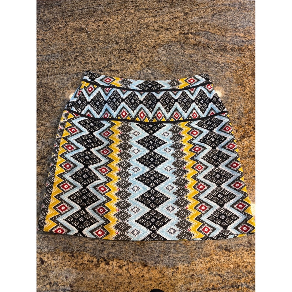 LOFT Geometric Print A-Line Skirt Women's Size 4 Blue Yellow Black‎ Tribal